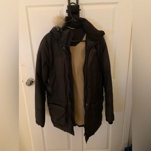 Black OSC Cross parka. Coyote lined hood. Down filled. Very warm. Well loved.